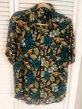 Star Wars Grogu Black Button-Down Shirt with Teal & Yellow Tropical Print